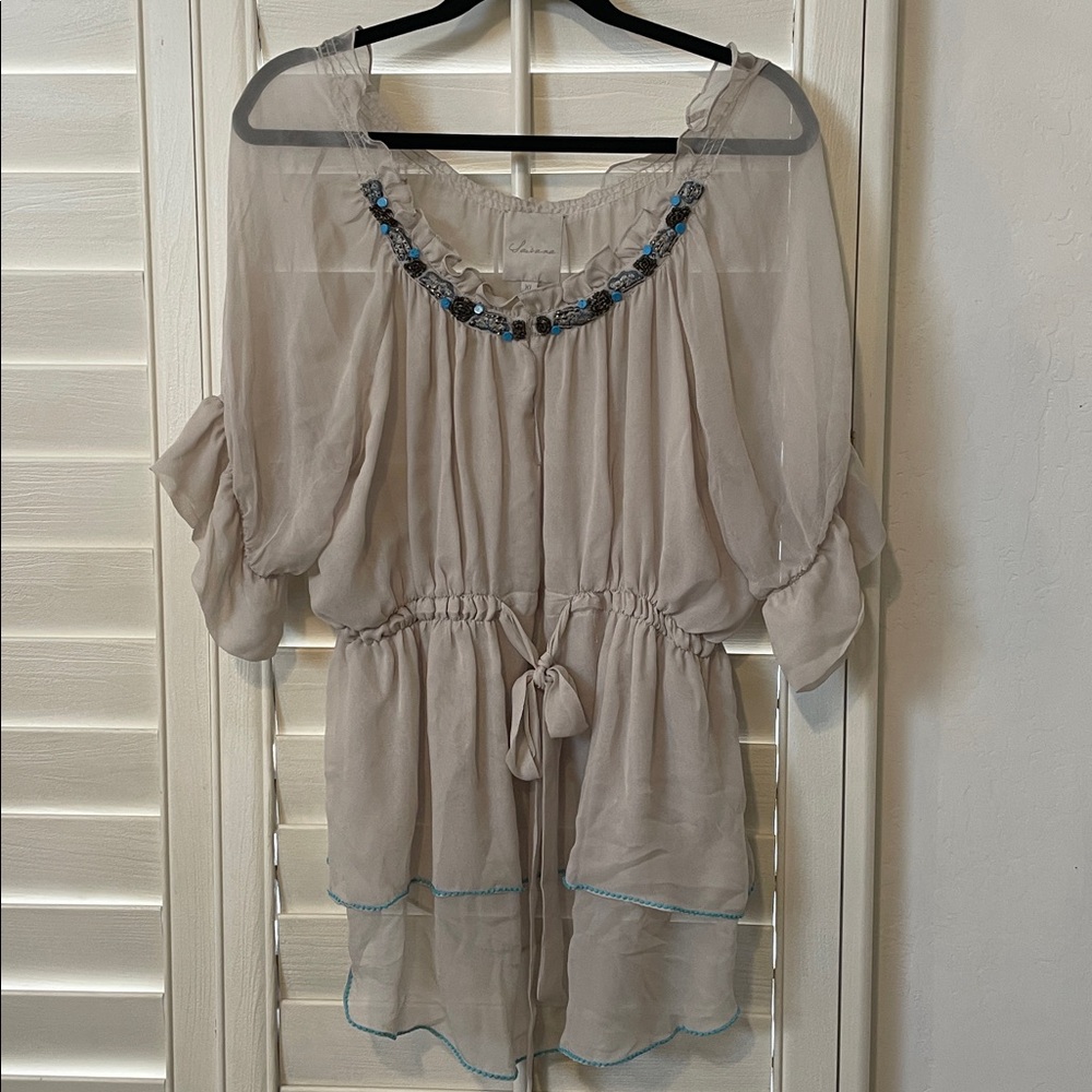 Salina Anthropologie Cream Blouse with Beaded Blue Accents